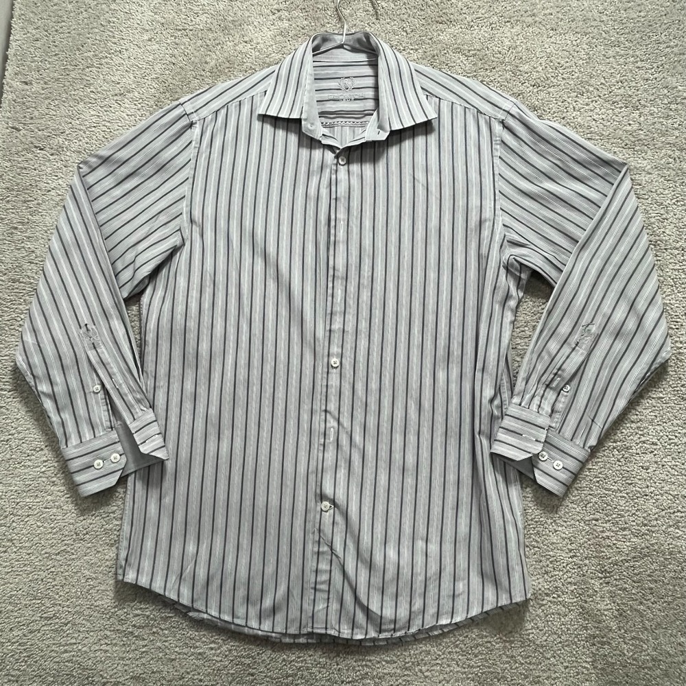 Bugatchi Shirt Men 16 32/33 Gray Stripe Button Up Collar Office Casual Button Up